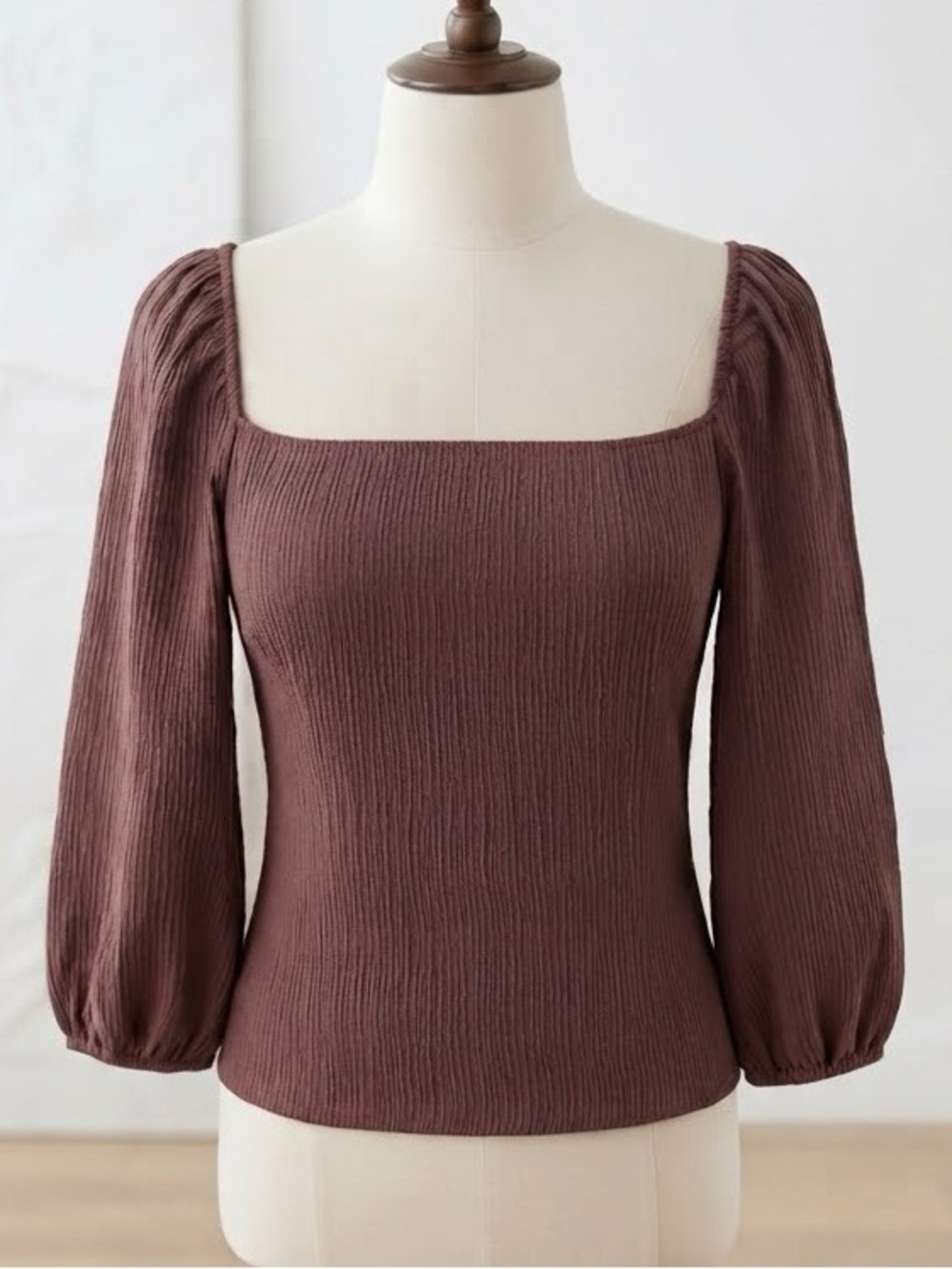 Dynamite| Brown Square Neck Elastic Puff Sleeve Crinkle Top Blouse Sz S